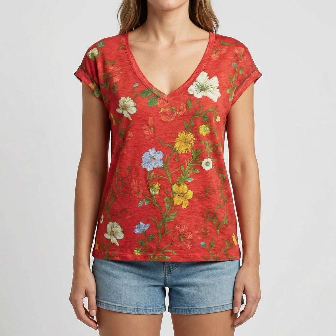 Blomsera - Floral Print V-Neck Short Sleeve Tee