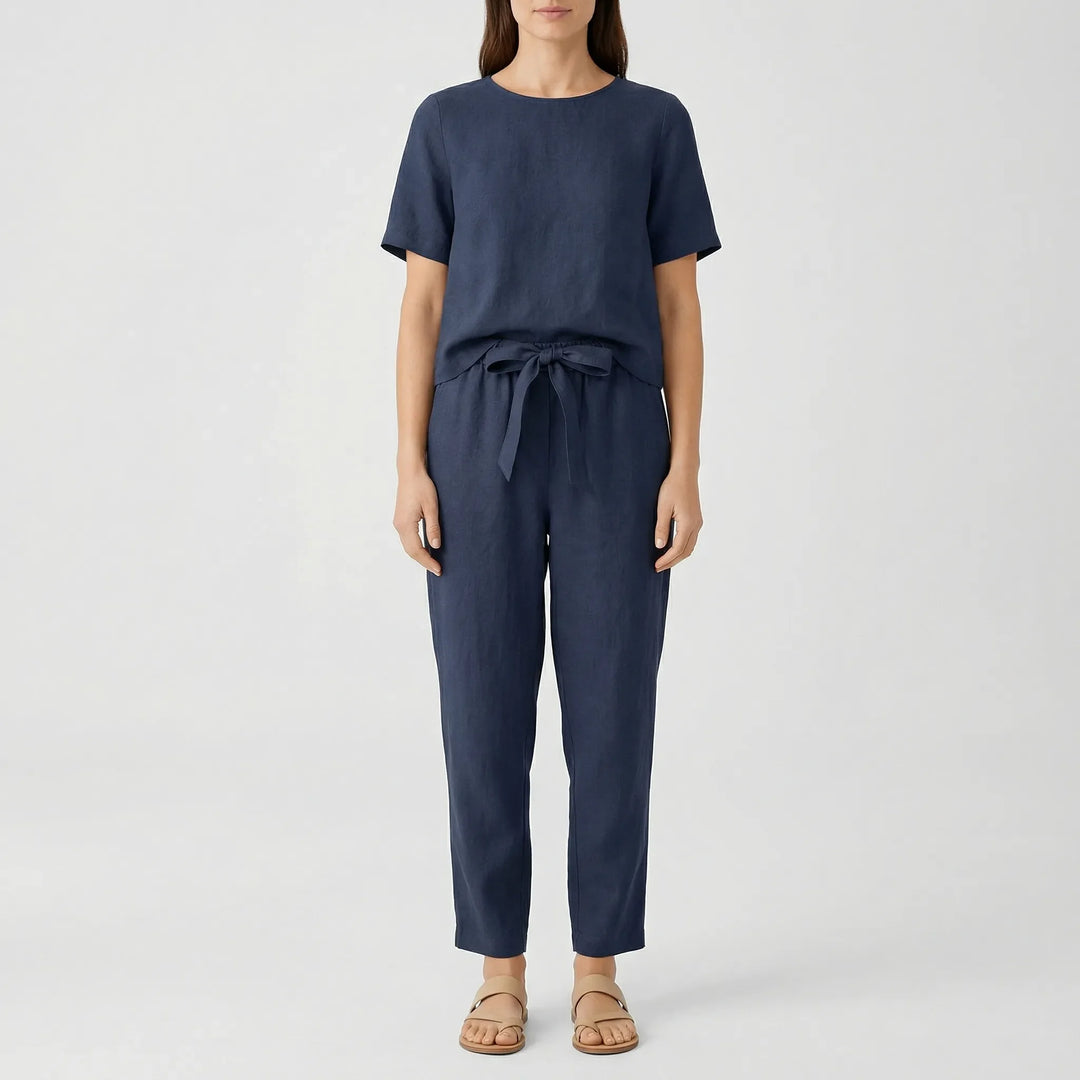 Coordra - Coordinated Short-Sleeve Top And Pants Set