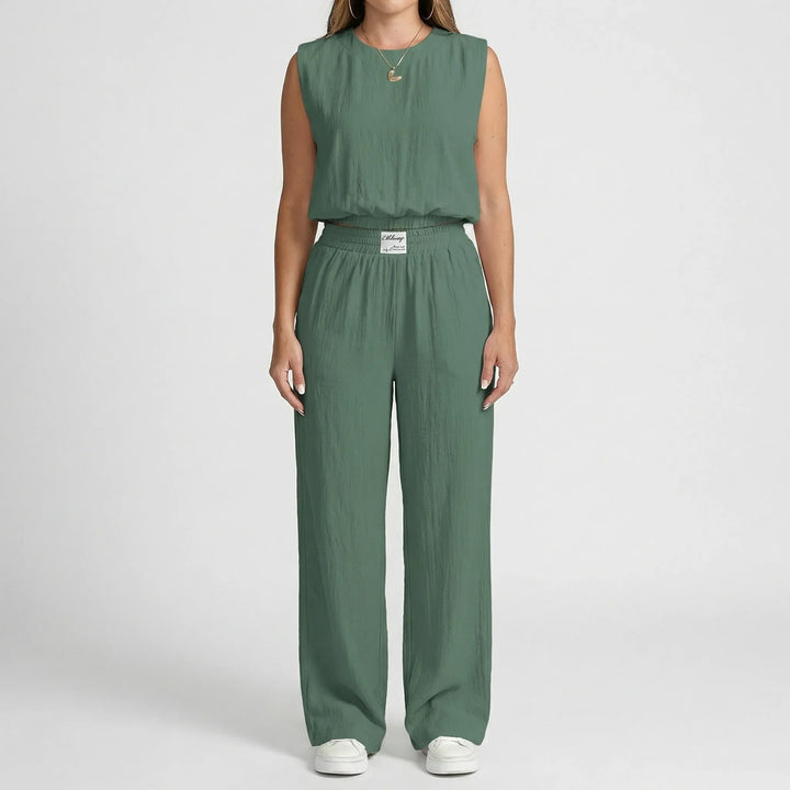 Coordra - Sleeveless Crop Top And Wide-Leg Pants Set