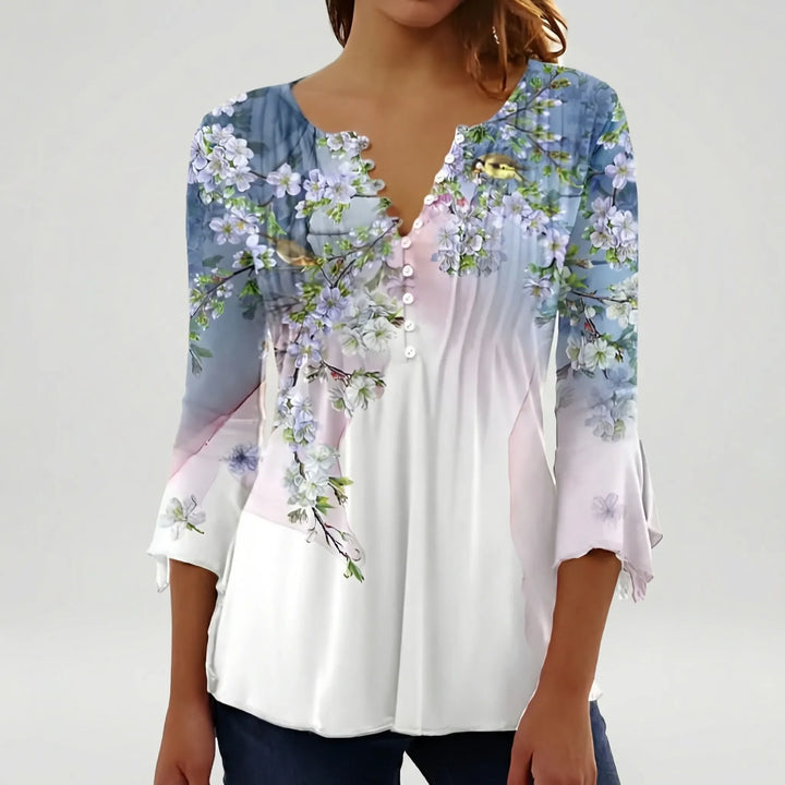 Floravia - Floral Print Women's Button-Neck Blouse