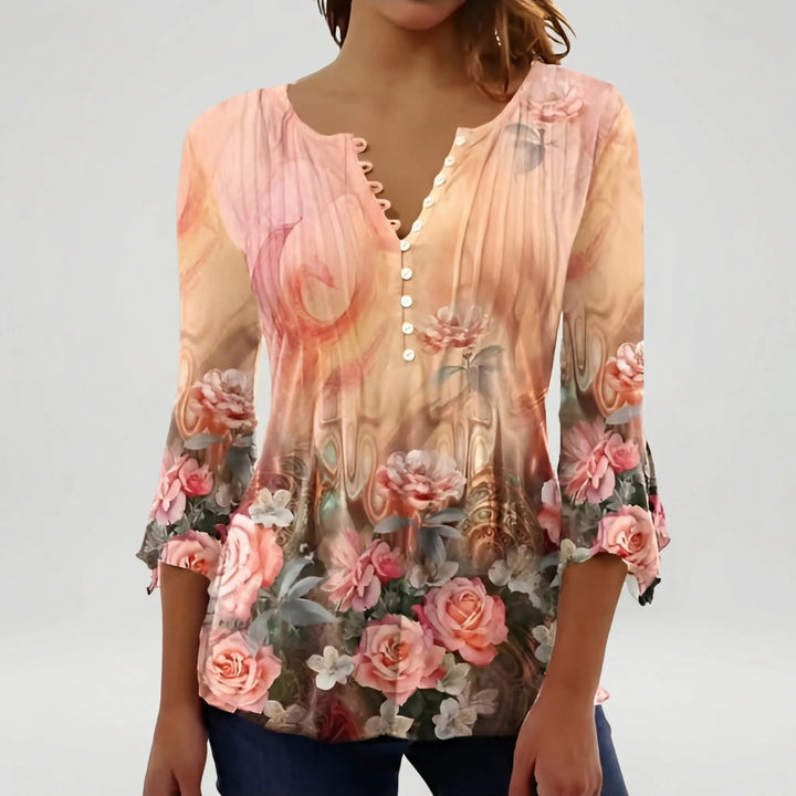 Floravia - Floral Print Women's Button-Neck Blouse