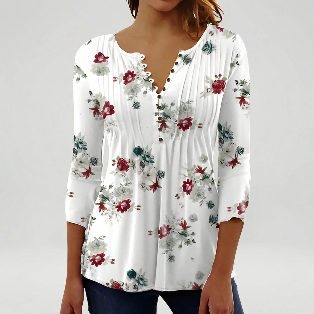 Floravia - Floral Print Women's Button-Neck Blouse