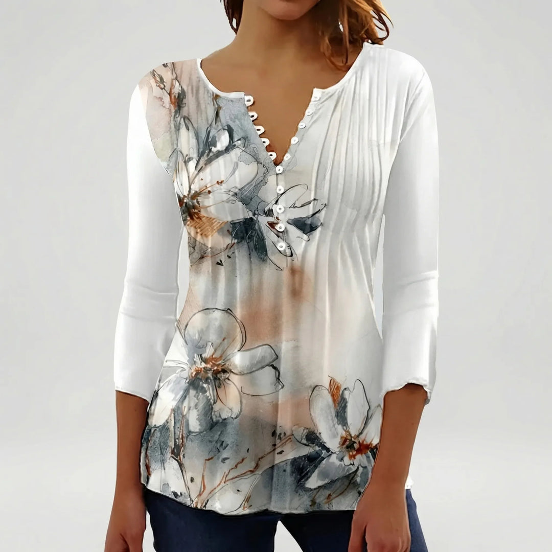 Floravia - Floral Print Women's Button-Neck Blouse