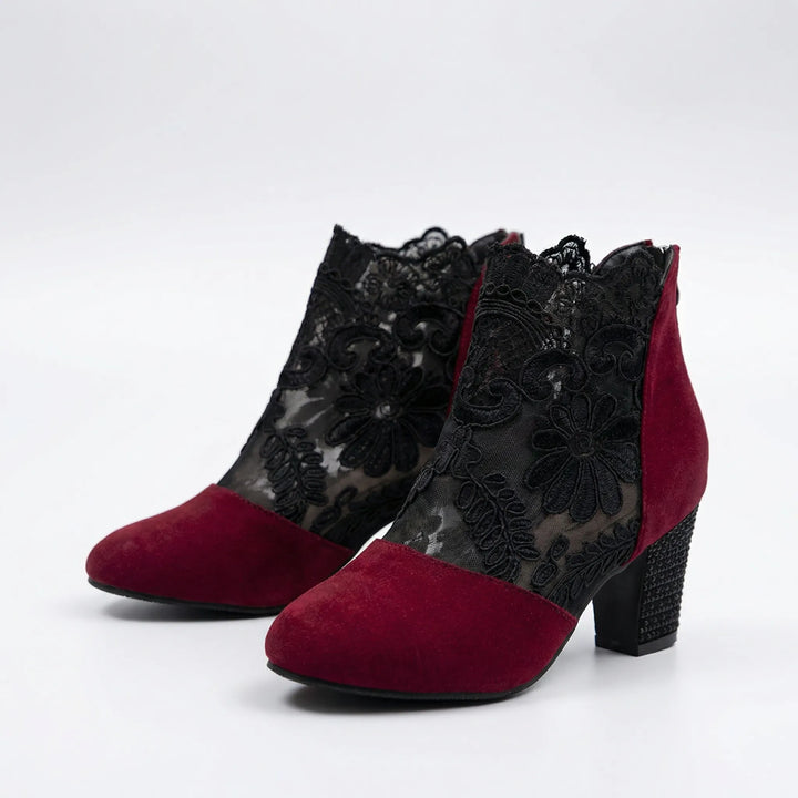 Florenta - Embroidered Lace Ankle Bootie With Block Heel