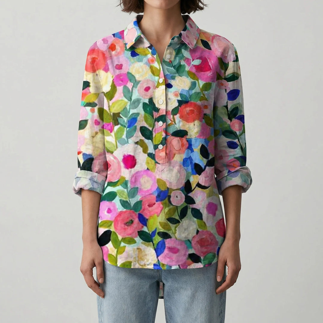 Florenzia - Long-Sleeve Floral Button-Front Blouse