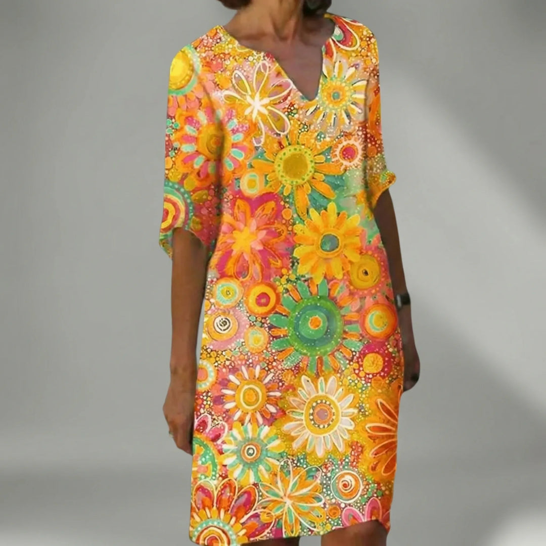 Florvida - Bold Floral Print Midi Dress