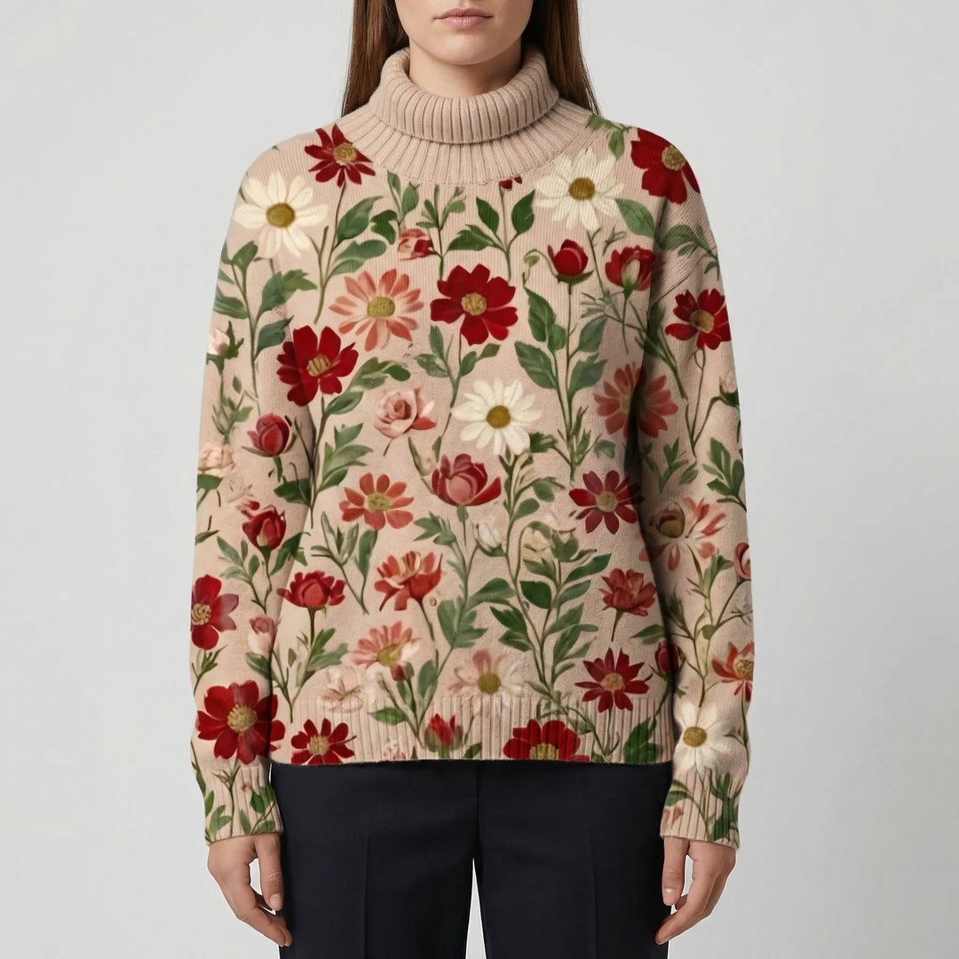 Florwick - Floral Print Turtleneck Pullover Sweater