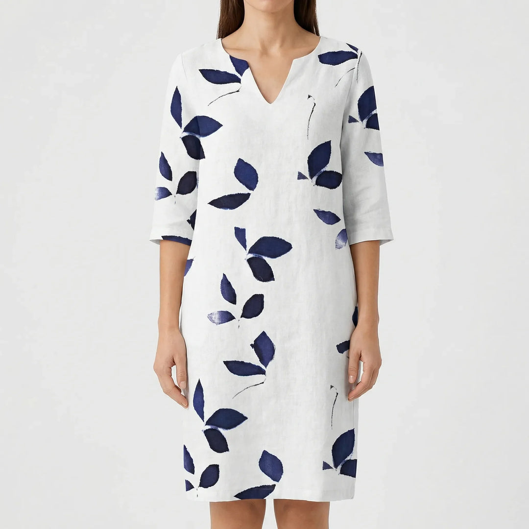 Foliara - Leaf Print V-Neck Midi Dress