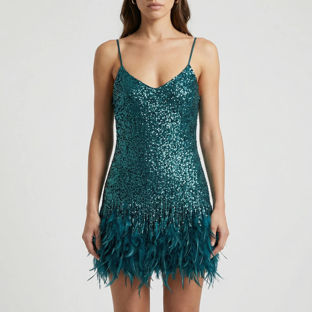 Frinvara - Sleeveless Feather Fringe Mini Dress