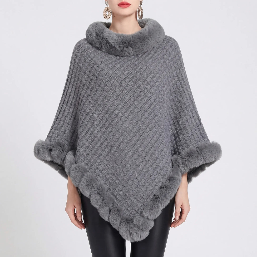 Furrova - Oversized Cable Knit Poncho With Faux Fur Trim