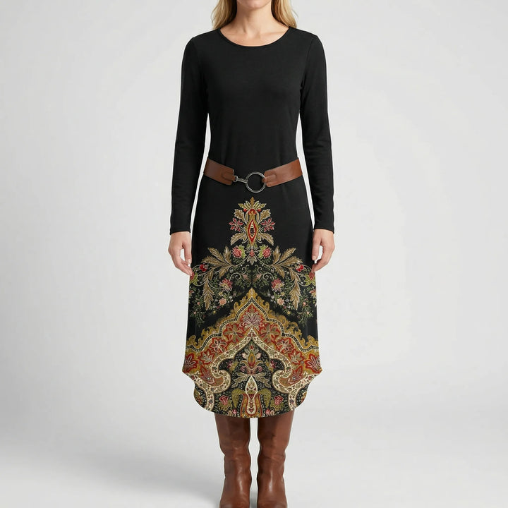 Midarae - Long Sleeve Midi Dress With Ornate Print