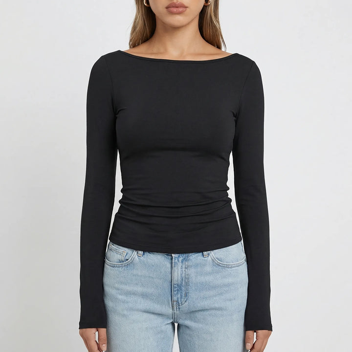Navella - Fitted Boat Neck Long Sleeve Top