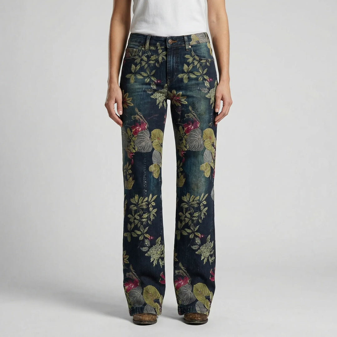 Petaloux - Floral Print Loose Straight-Leg Jeans