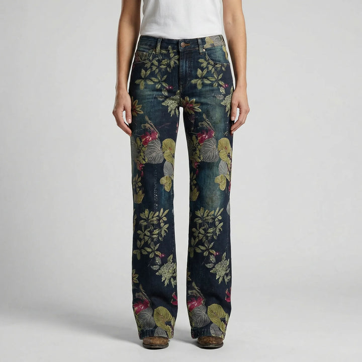 Petaloux - Floral Print Loose Straight-Leg Jeans