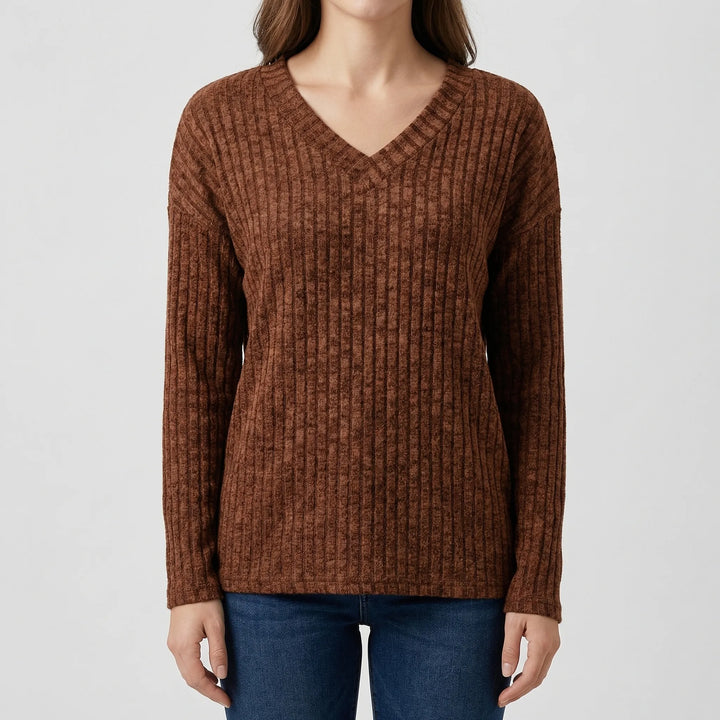 Ribvera - V-Neck Ribbed Long Sleeve Top