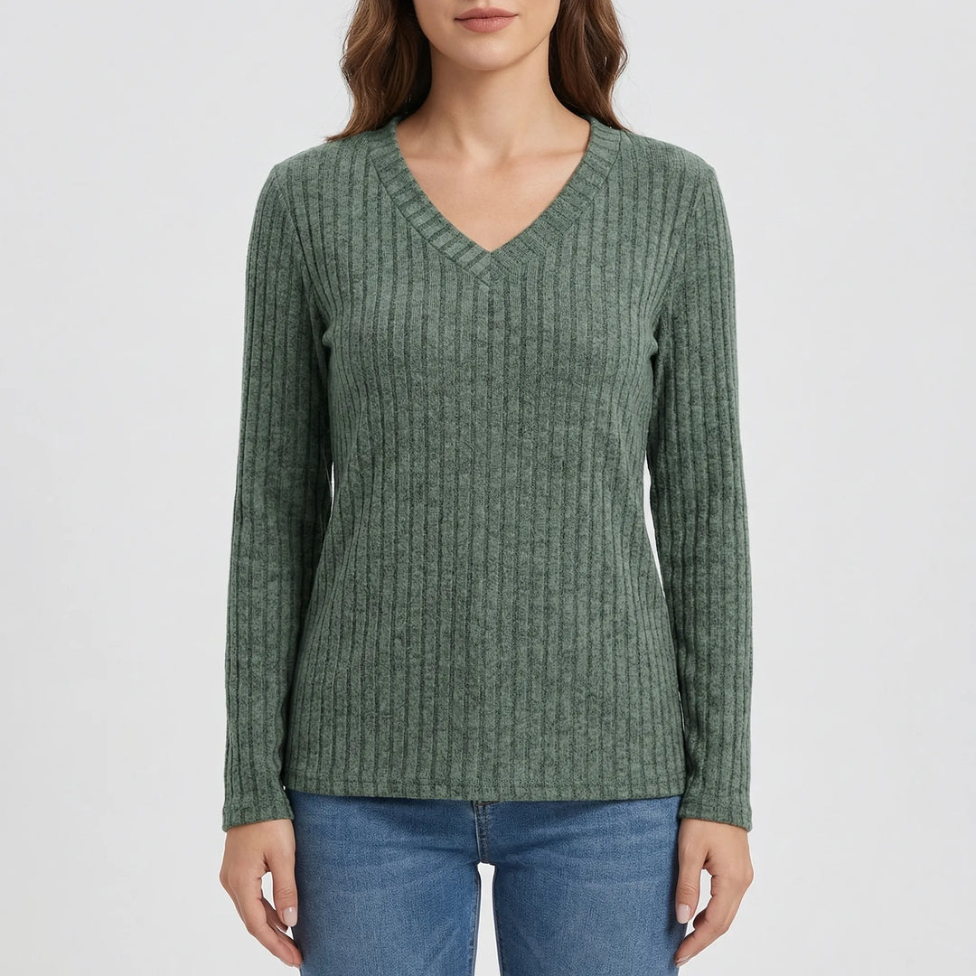 Ribvera - V-Neck Ribbed Long Sleeve Top