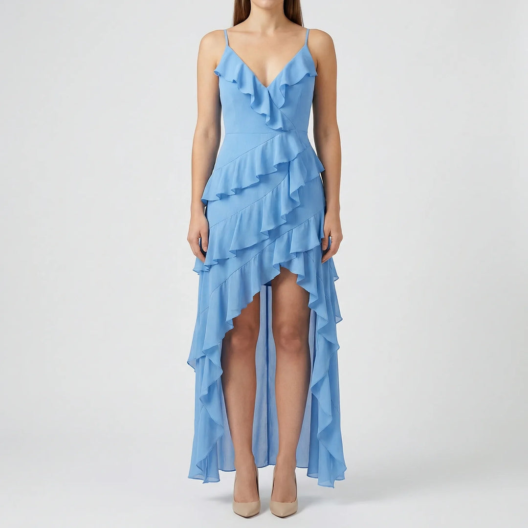 Ruffelia - Tiered Ruffle High-Low Spaghetti Strap Dress