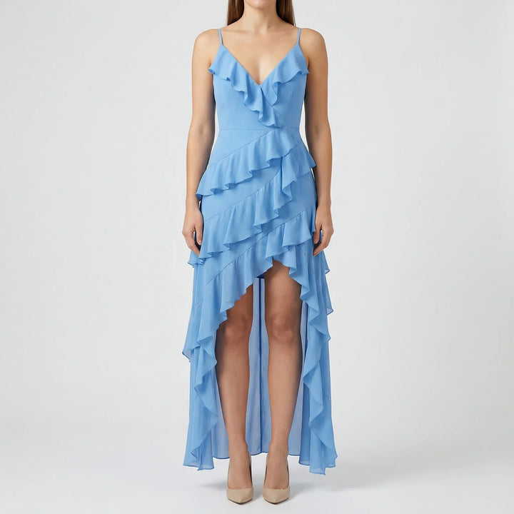 Ruffelia - Tiered Ruffle High-Low Spaghetti Strap Dress