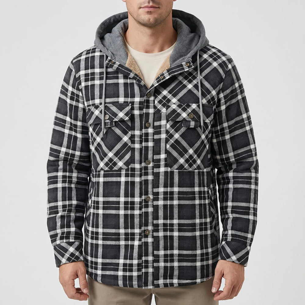 Ruggorn - Hooded Plaid Button-Down Shirt Jacket