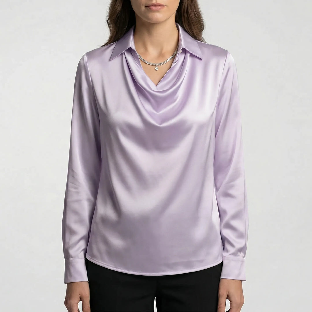Satinova - Draped Cowl Collar Long Sleeve Blouse