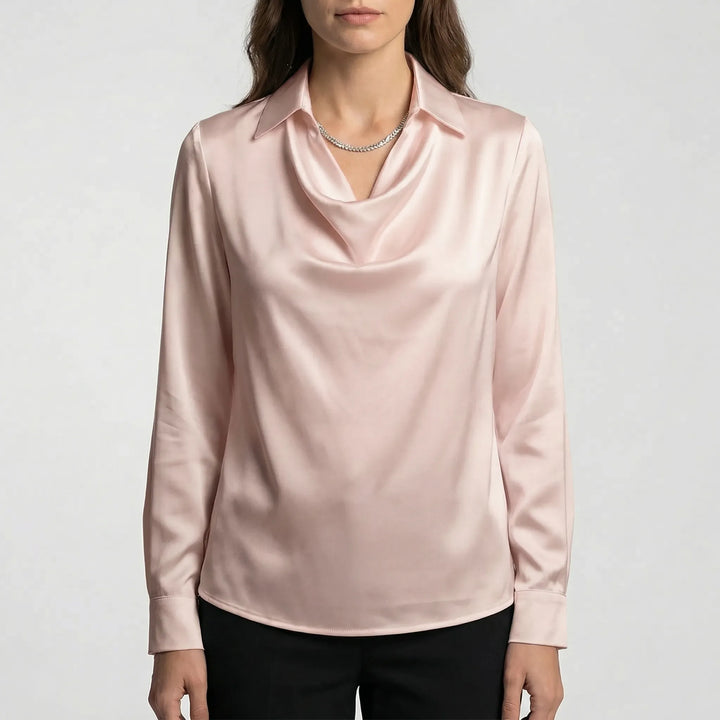 Satinova - Draped Cowl Collar Long Sleeve Blouse