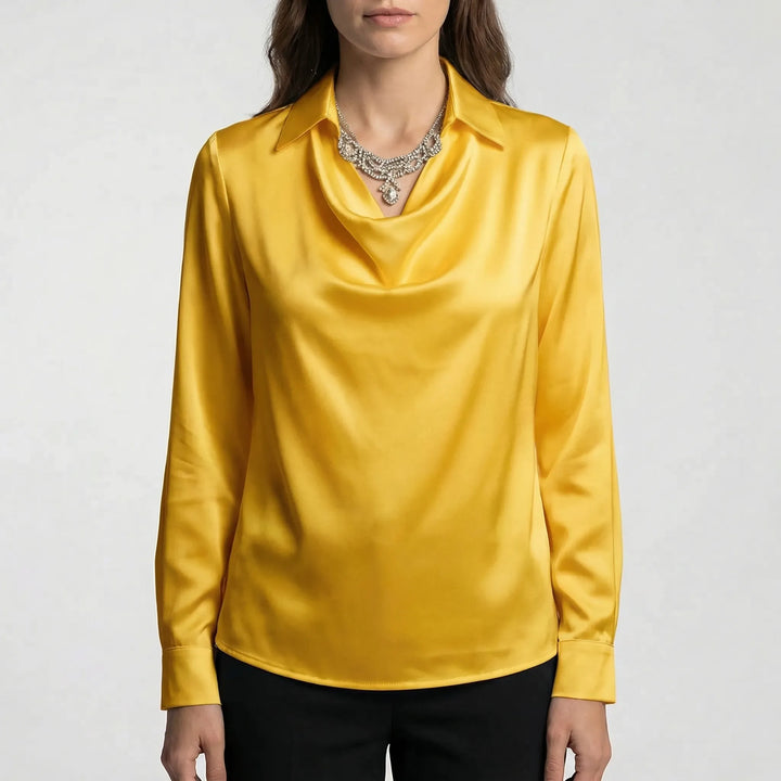 Satinova - Draped Cowl Collar Long Sleeve Blouse