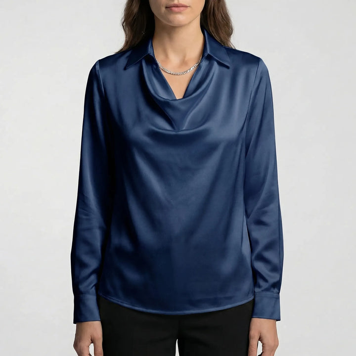 Satinova - Draped Cowl Collar Long Sleeve Blouse