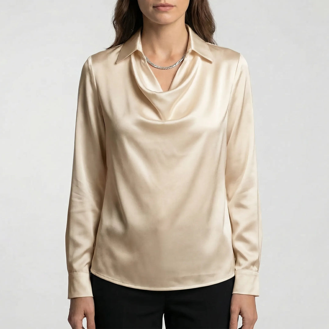 Satinova - Draped Cowl Collar Long Sleeve Blouse