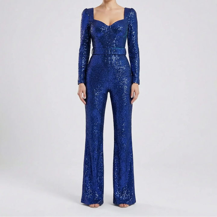 Sequinelle - Long Sleeve Sequin Flare Jumpsuit