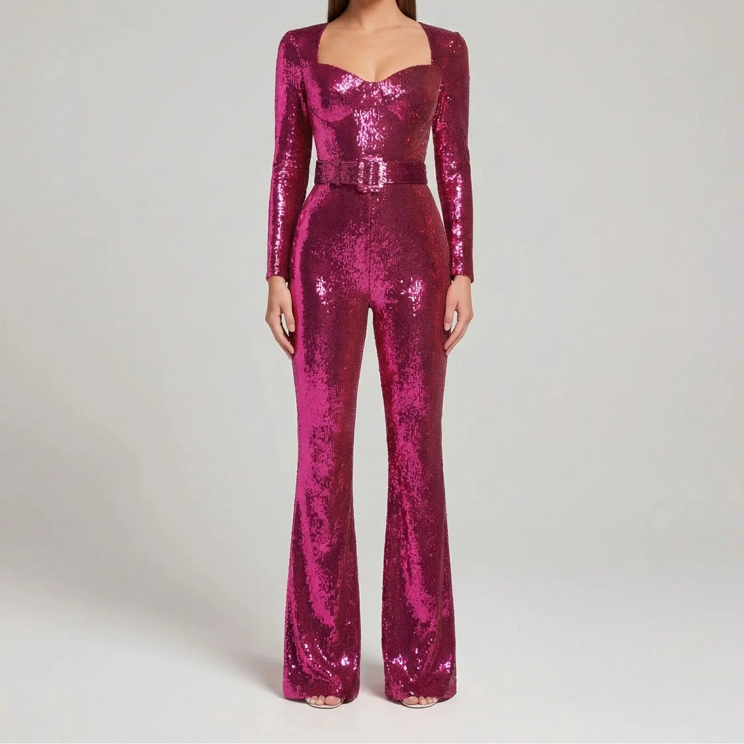 Sequinelle - Long Sleeve Sequin Flare Jumpsuit