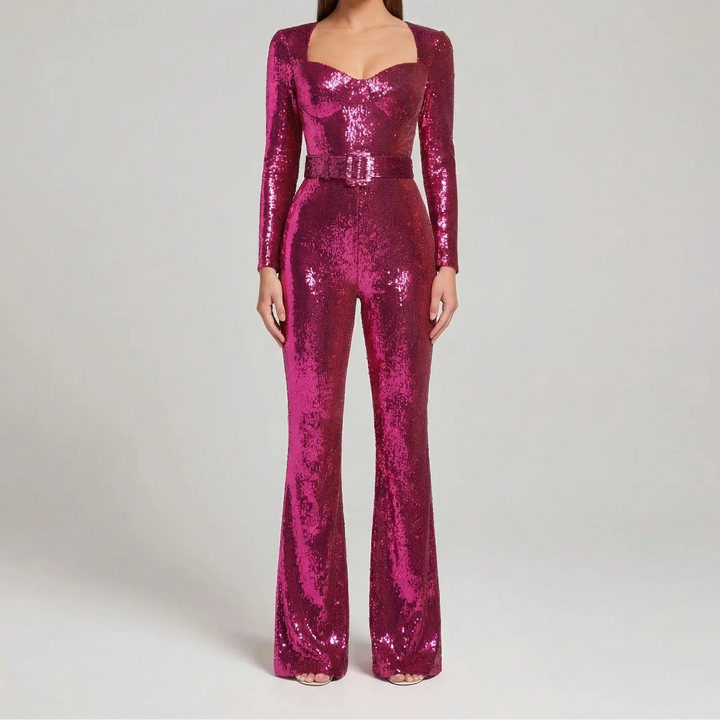 Sequinelle - Long Sleeve Sequin Flare Jumpsuit