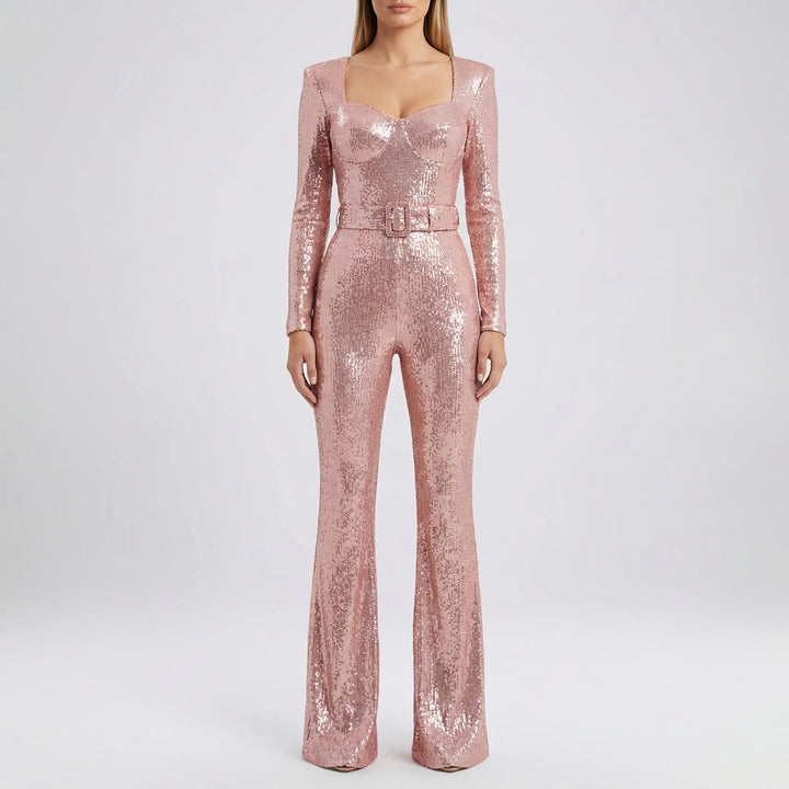 Sequinelle - Long Sleeve Sequin Flare Jumpsuit