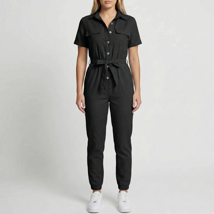Slymara - Short Sleeve Button-Front Women's Jumpsuit