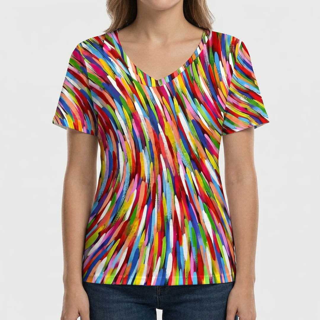 Retro Print V-kaula Lyhythihainen T-paita