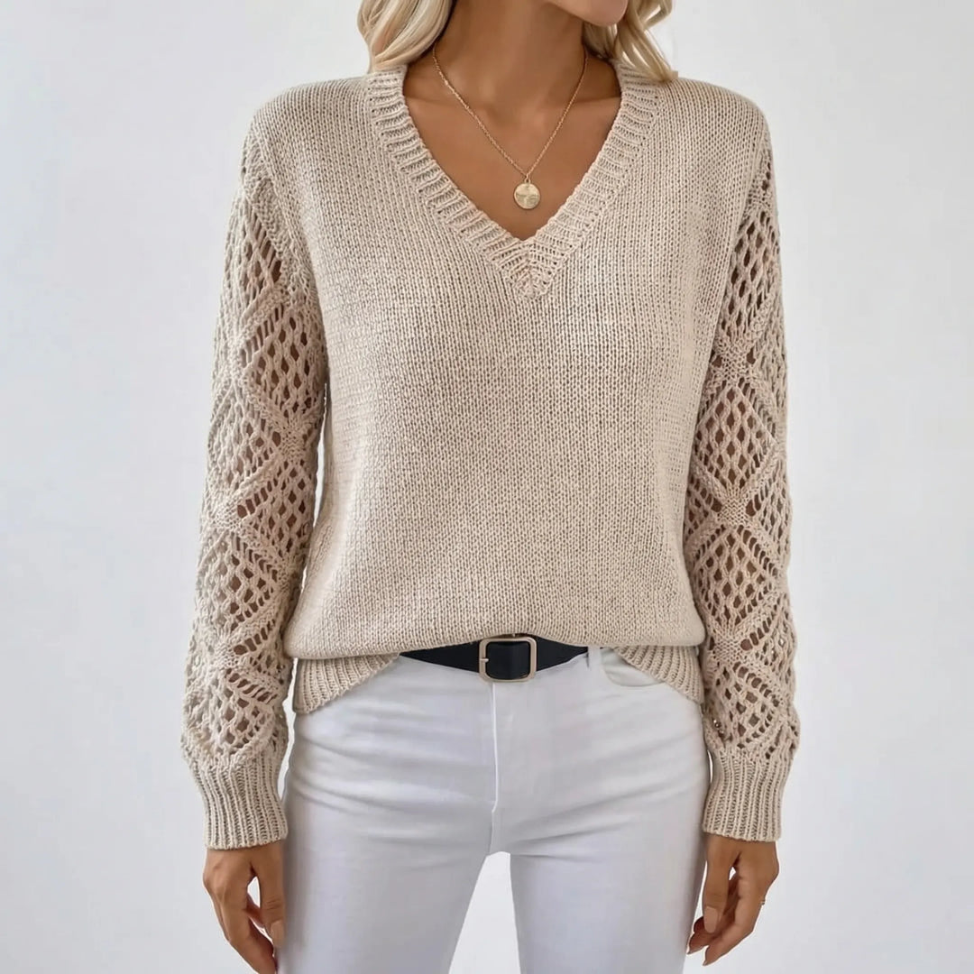 Vellura - V-Neck Openwork Sleeve Knit Sweater