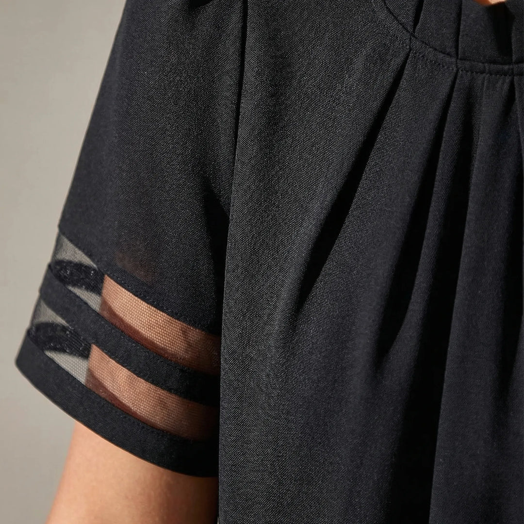 Velvoria - Mock Neck Blouse With Mesh Sleeve Panels