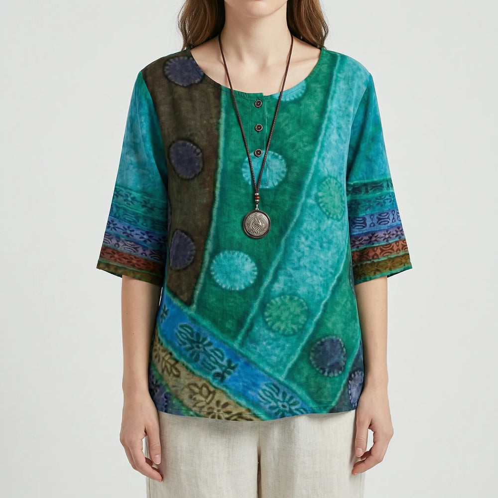 Vernova - Vintage Print Loose Three-Quarter Sleeve Top