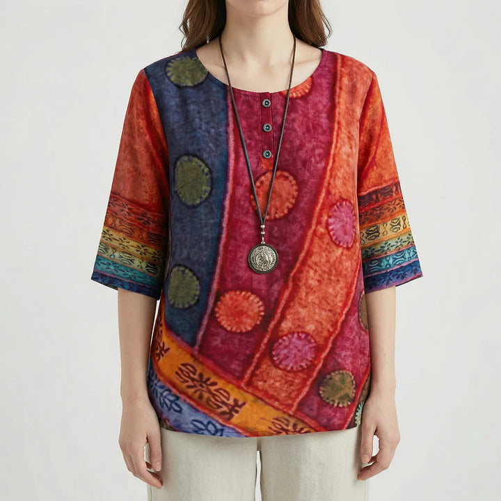 Vernova - Vintage Print Loose Three-Quarter Sleeve Top