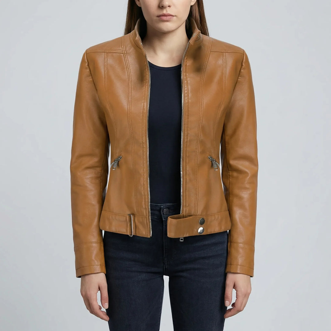Zephirra - Stand Collar Zip-Front Biker Jacket