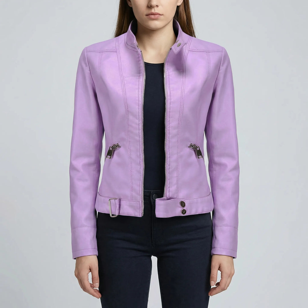 Zephirra - Stand Collar Zip-Front Biker Jacket
