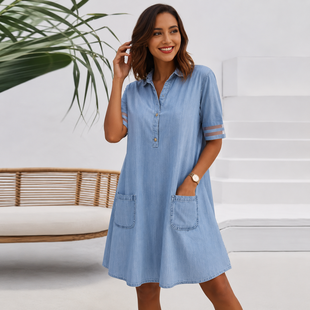 Brittany™ | Vatsaa piilottava denimlookin paitamekko