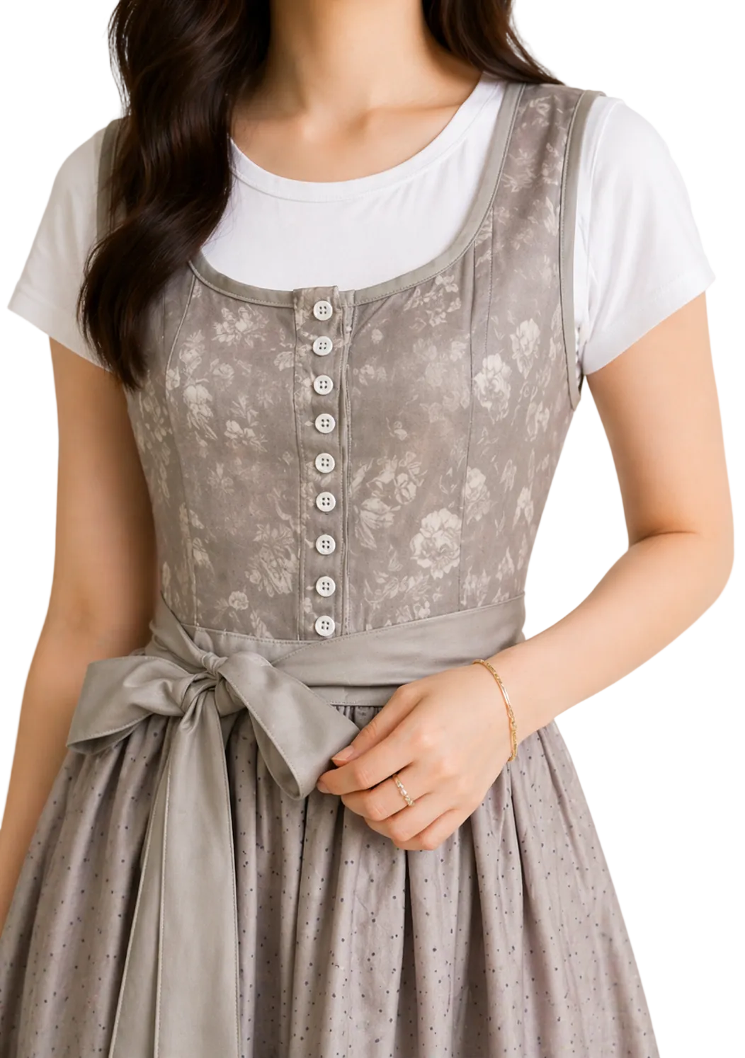 Naisten dirndl vetoketjulla, pitsihihoilla ja vyötärönauhalla.