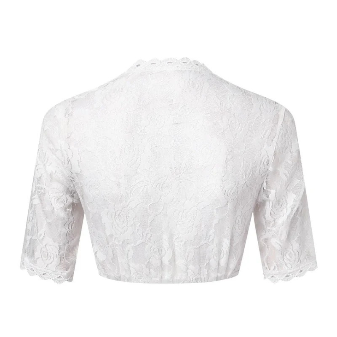 Naisten dirndl-crop-top kukkakuvioisella pitsillä ja syvällä V-pääntiellä