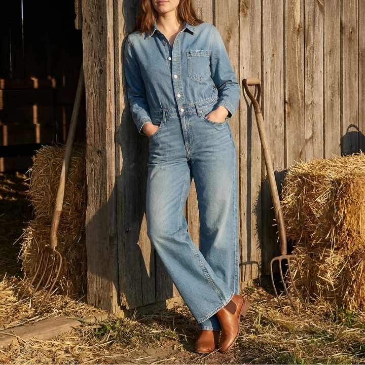 Pitkähihaiset Leveät Jalat Denim Haalarit