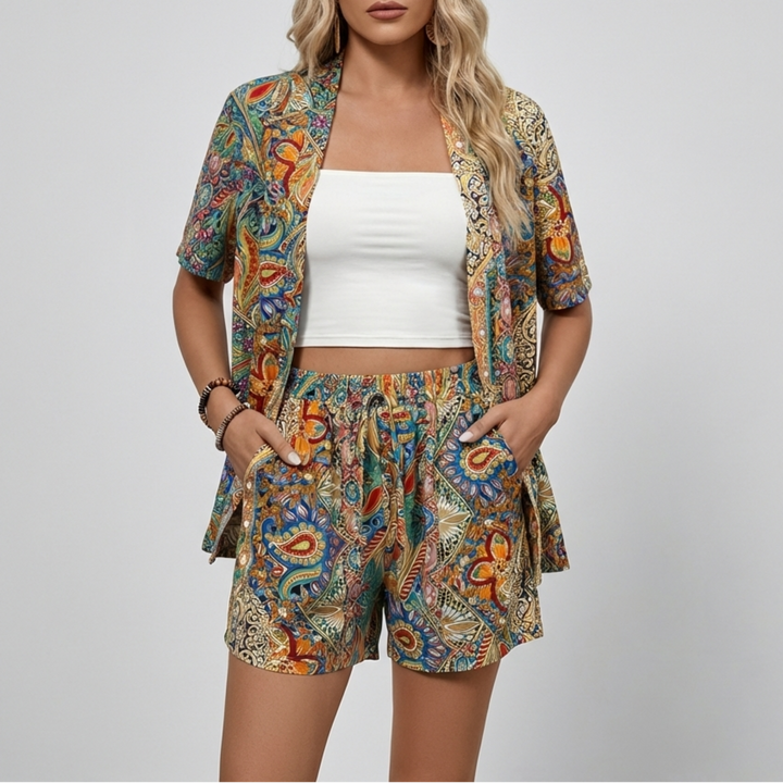 Kukkakuosiset Kimono-paita ja Shorts-setti