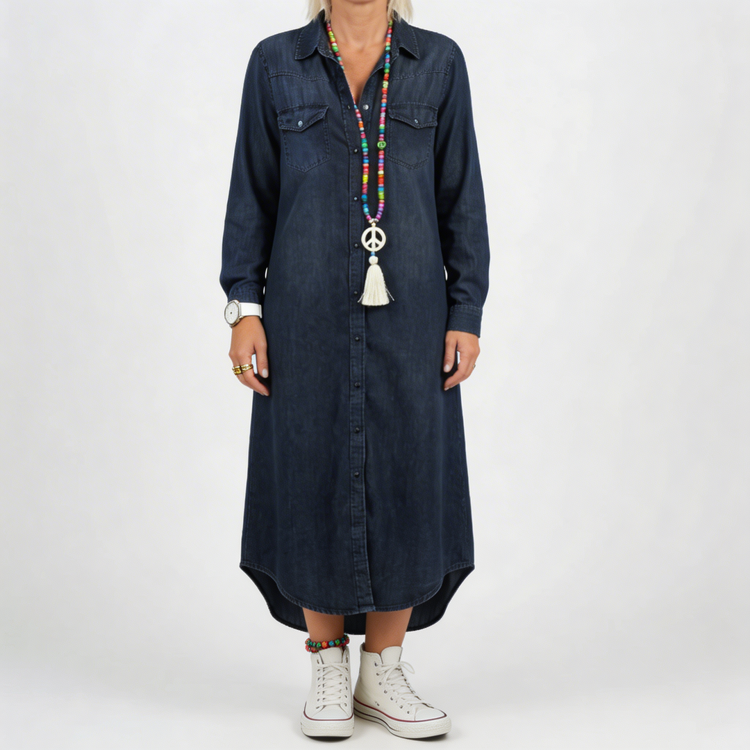 Pitkähihaine Nappikiinnitteinen Denim-mekko