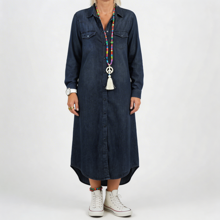 Pitkähihaine Nappikiinnitteinen Denim-mekko