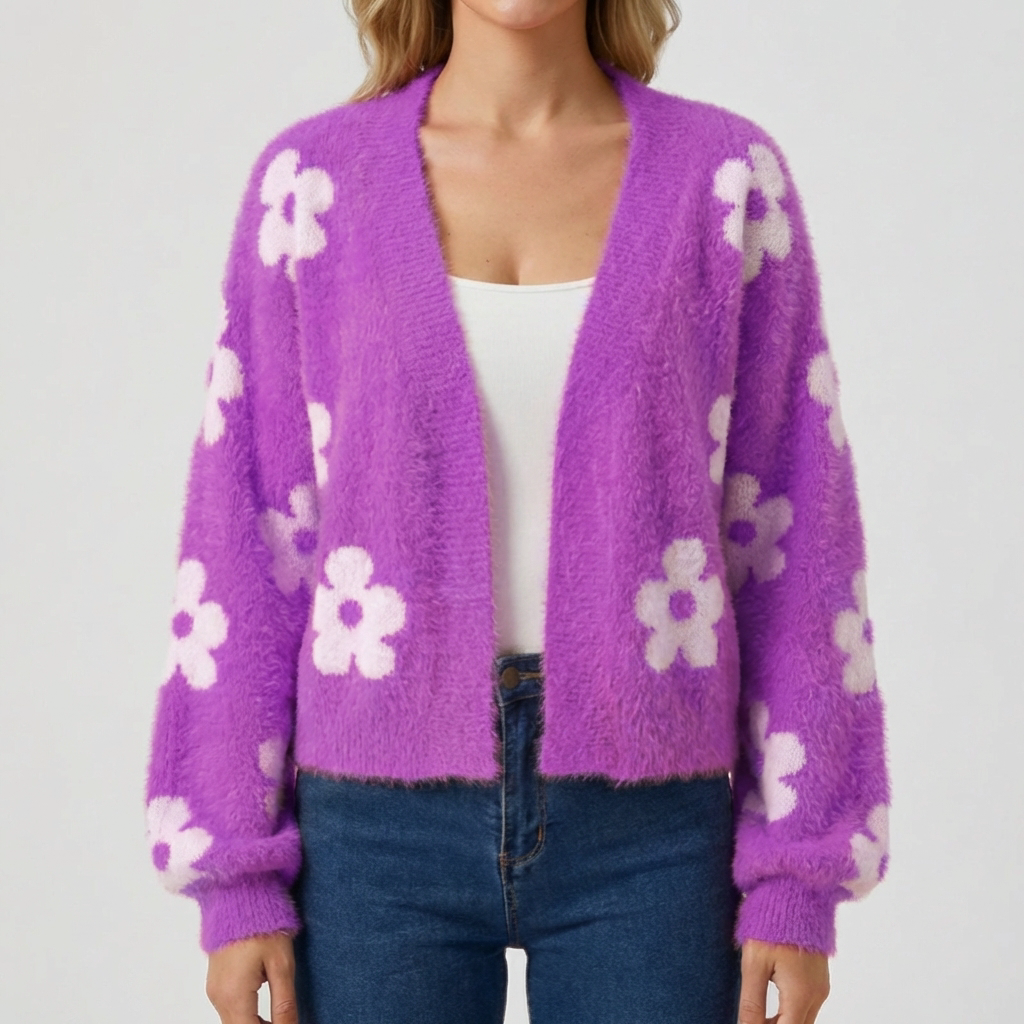 Avoin Edestä Kukkakuvioinen Cardigan Neule Naisille