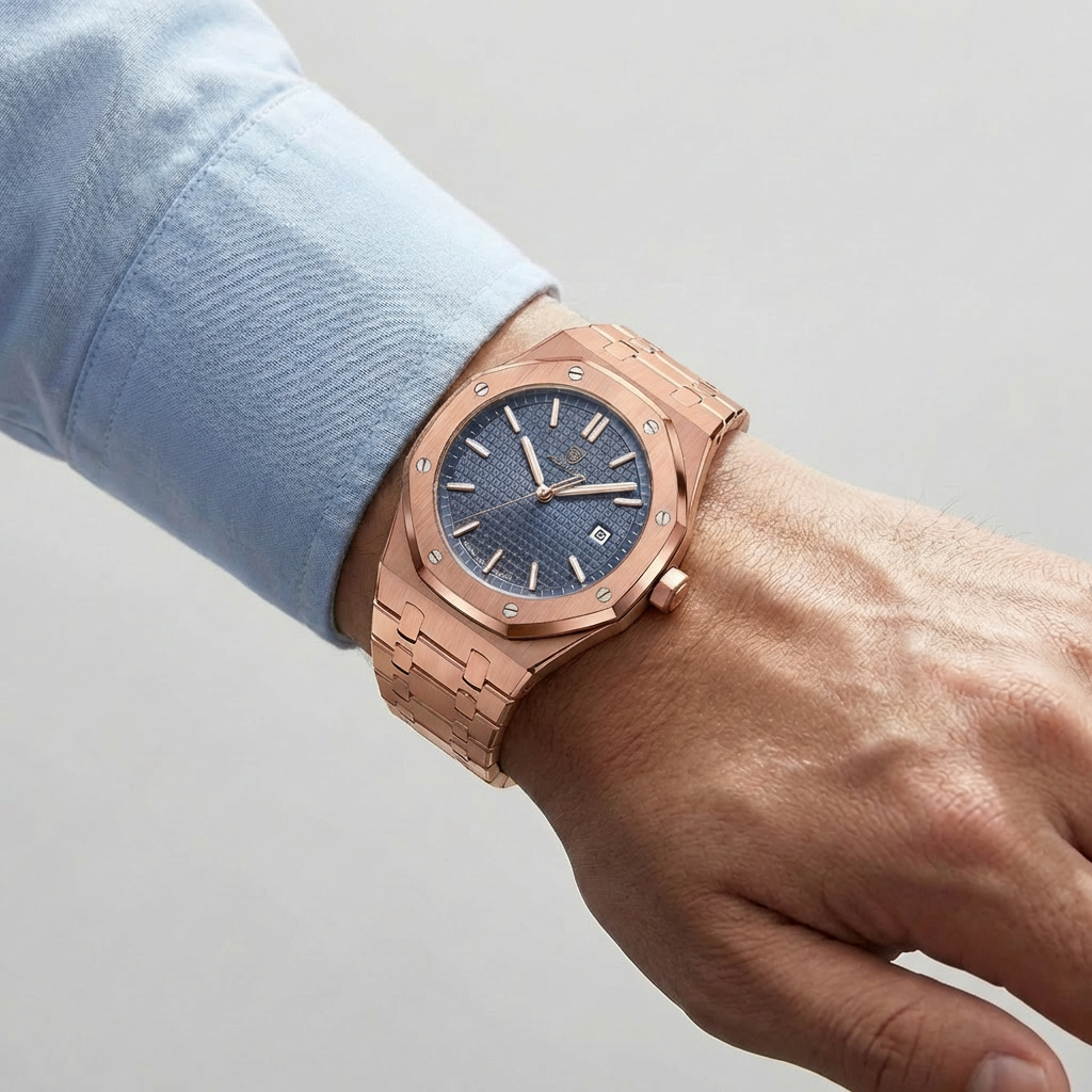 Oktaavinen kotelo kvartsikello miehille