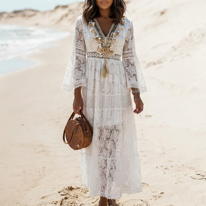Boheemi Maxi Mekko Lace ja Leveillä Hihoilla Naisille